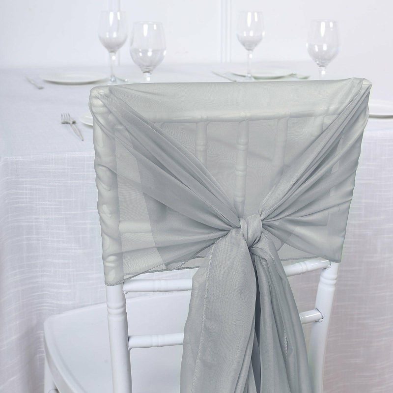 5 Pack Silver DIY Premium Designer Chiffon Chair Sashes 22″ x 78″  |   Organza & Chiffon Chair Sashes Organza & Chiffon