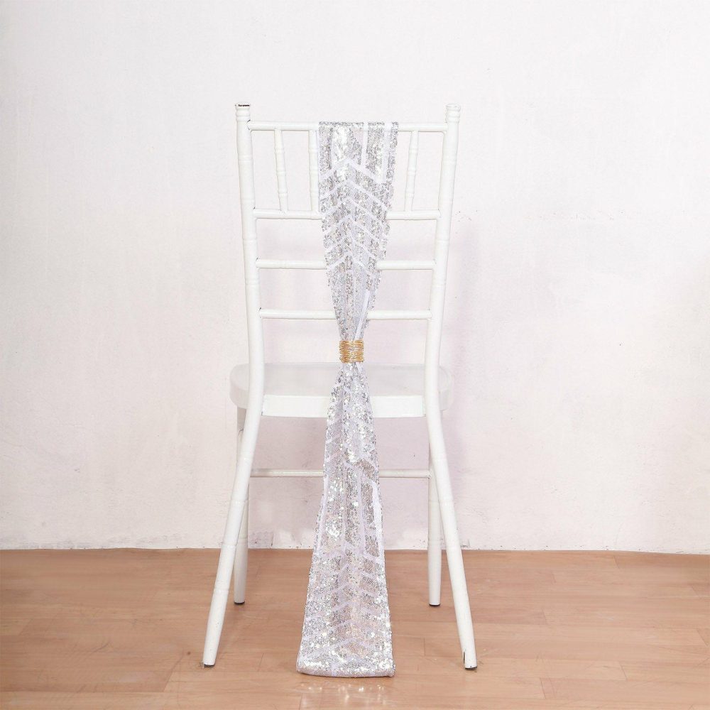 5 Pack Silver Geometric Diamond Glitz Sequin Chair Sashes 6″x 88″  |   Glittering Sequin Chair Sashes Glittering Sequin