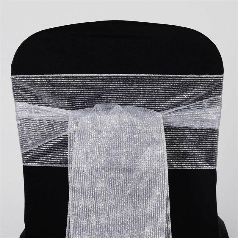 5 Pack Silver Glittery Pinstripe Organza Chair Sashes 7″x108″  |   Organza & Chiffon Chair Sashes Organza & Chiffon