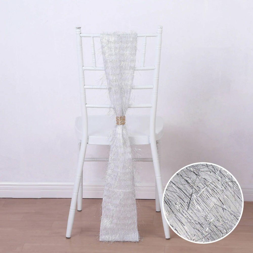 5 Pack Silver Metallic Fringe Shag Tinsel Chair Sashes, Shimmery Polyester Chair Sashes 6″x108″  |   Stylish Chair Sashes Silver