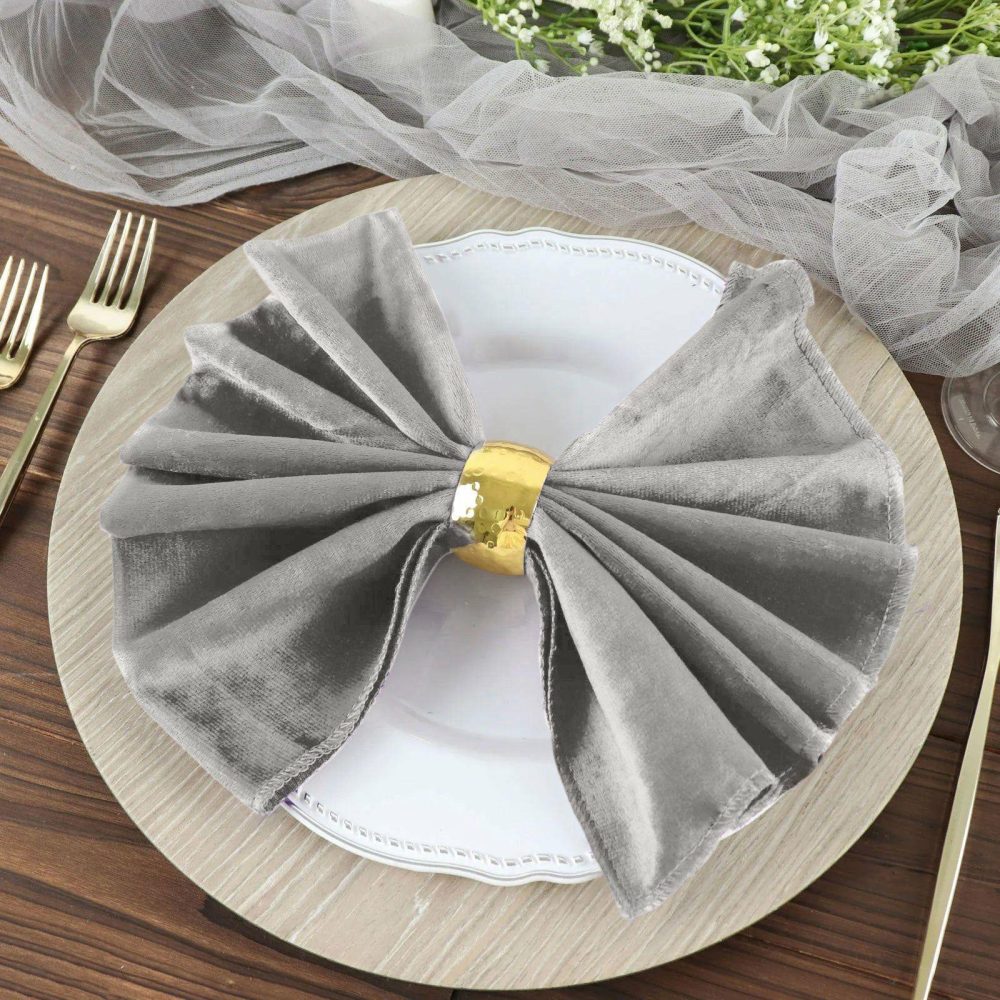 5 Pack Silver Premium Sheen Finish Velvet Cloth Dinner Napkins 20″x20″  |   Velvet & Flocking Cloth Napkins Silver