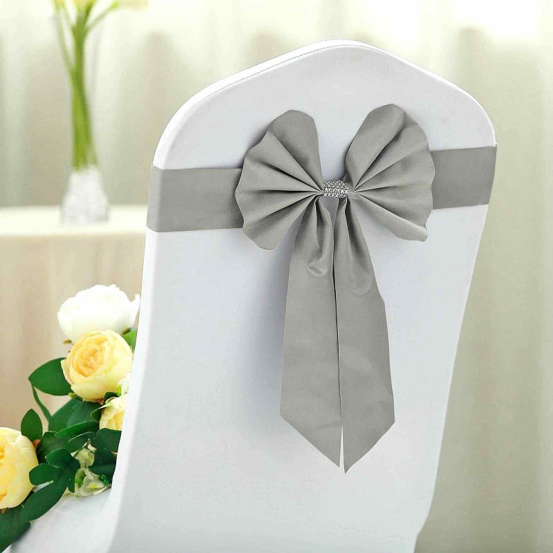 5 Pack Silver Reversible Chair Sashes with Buckles, Double Sided Pre-tied Bow Tie Chair Bands Satin and Faux Leather  |   Satin & Taffeta Chair Sashes Satin & Taffeta