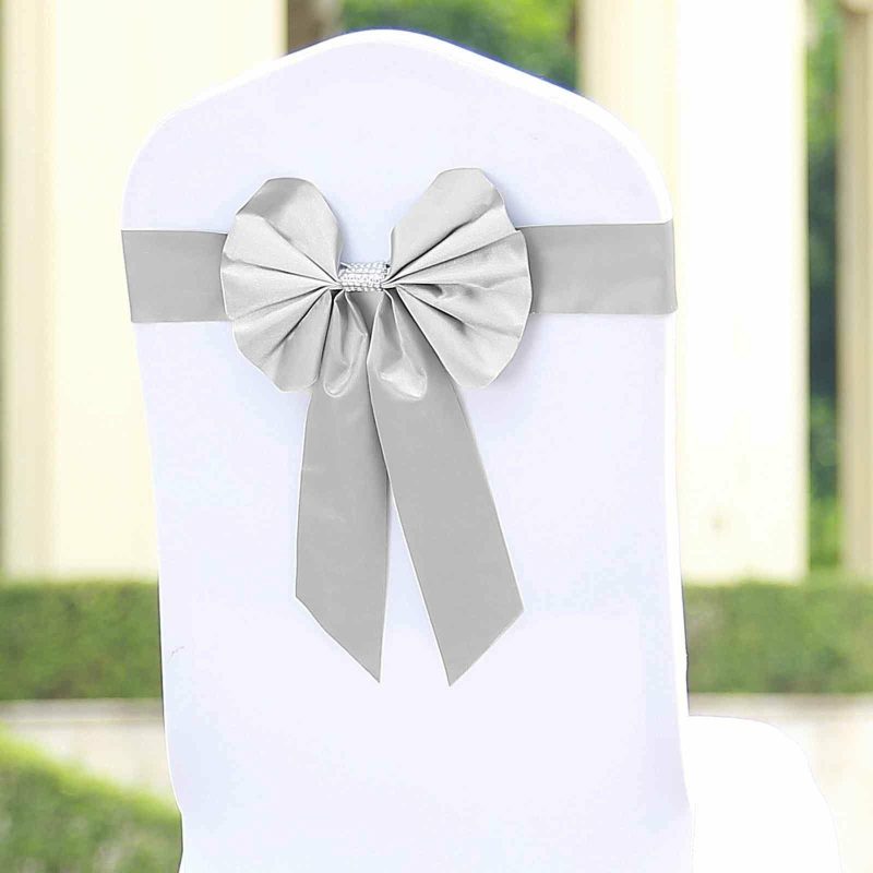 5 Pack Silver Reversible Chair Sashes with Buckles, Double Sided Pre-tied Bow Tie Chair Bands Satin and Faux Leather  |   Satin & Taffeta Chair Sashes Satin & Taffeta