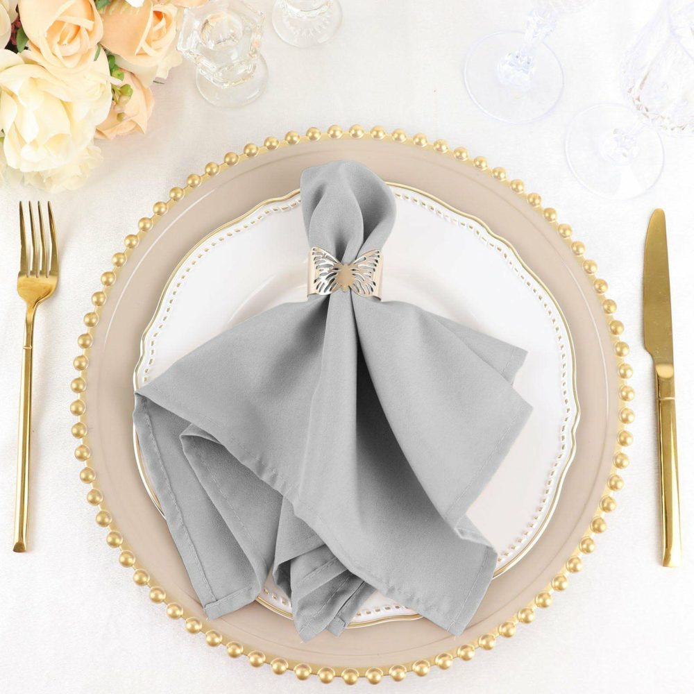 5 Pack Silver Seamless Cloth Dinner Napkins, Wrinkle Resistant Linen 17″x17″  |   Polyester Cloth Napkins Polyester