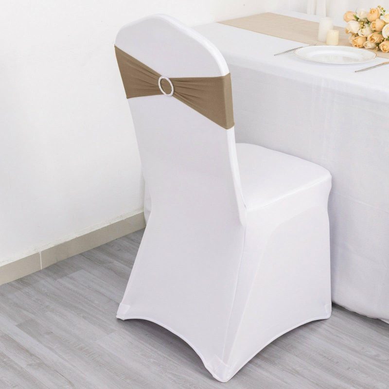 5 Pack Taupe Spandex Stretch Chair Sashes with Silver Diamond Ring Slide Buckle 5″x14″  |   Spandex Fitted Chair Sashes Spandex & Fitted