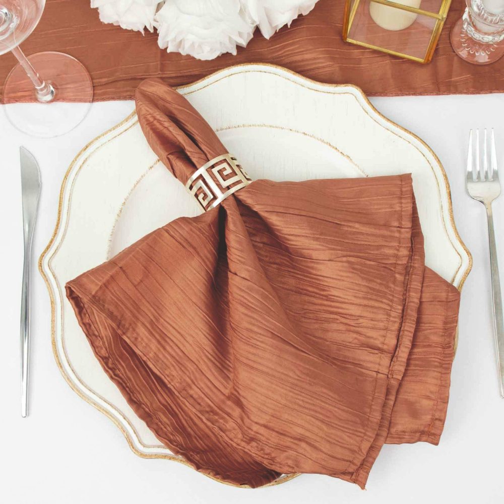 5 Pack Terracotta (Rust) Accordion Crinkle Taffeta Cloth Dinner Napkins 20″x20″  |   Satin & Taffeta Cloth Napkins Satin & Taffeta