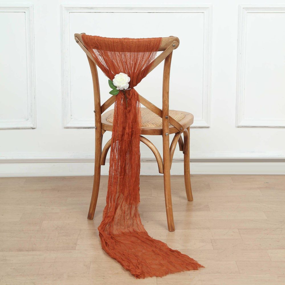 5 Pack Terracotta (Rust) Gauze Cheesecloth Boho Chair Sashes 16″ x 88″  |   Jute Burlap & Lace Chair Sashes Jute Burlap & Lace