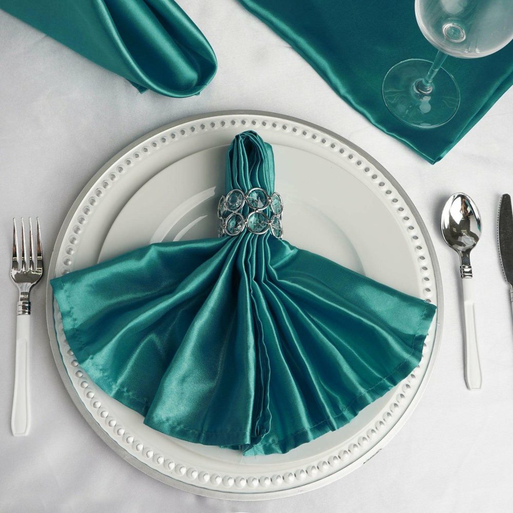 5 Pack Turquoise Seamless Satin Cloth Dinner Napkins, Wrinkle Resistant 20″x20″  |   Satin & Taffeta Cloth Napkins Satin & Taffeta