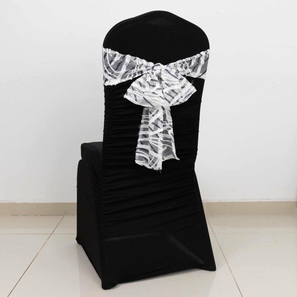 5 Pack White Black Wave Mesh Chair Sashes With Embroidered Sequins – 6″x88″  |   Glittering Sequin Chair Sashes Glittering Sequin