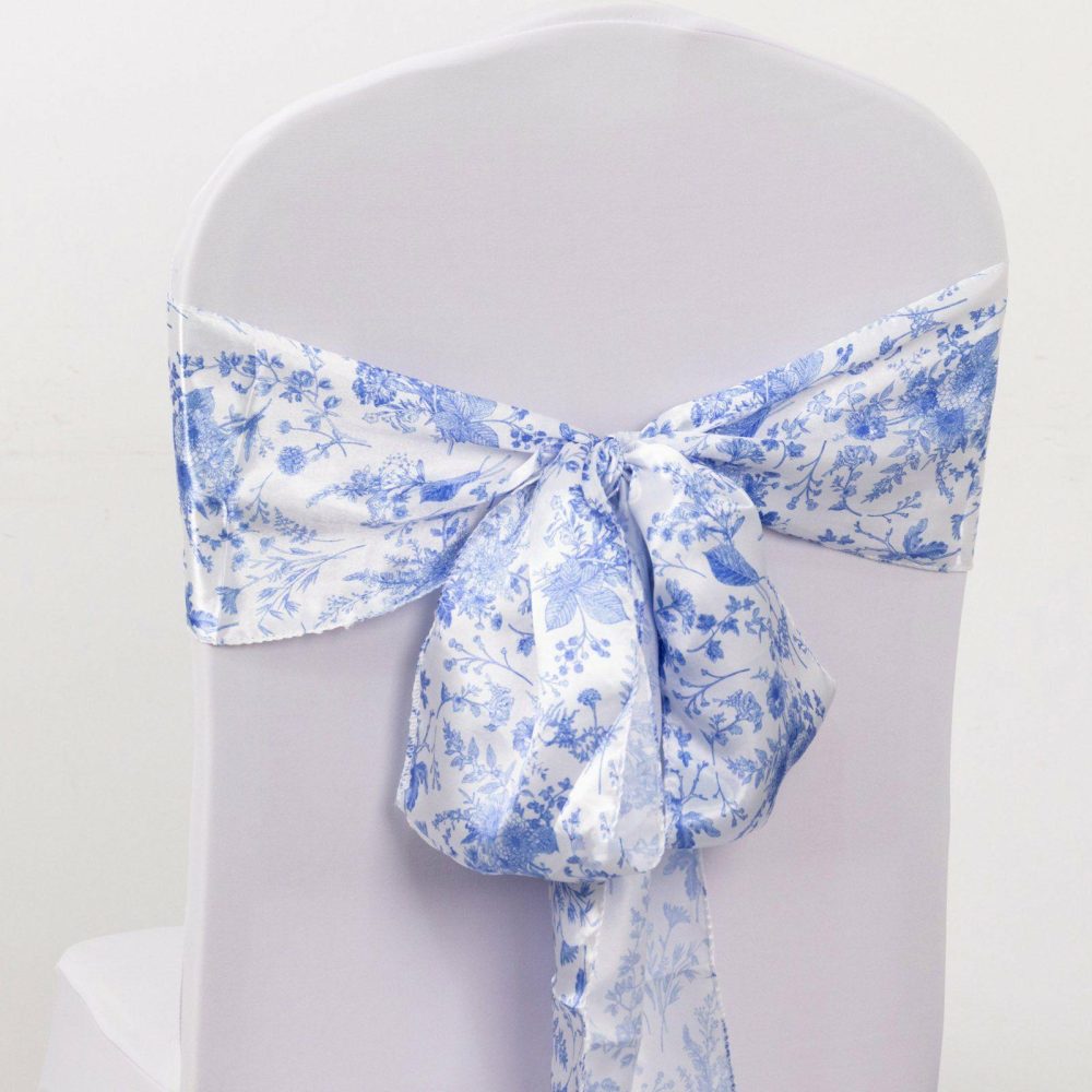 5 Pack White Blue Chinoiserie Floral Print Satin Chair Sashes, Chair Bows 6″X108″  |   Satin & Taffeta Chair Sashes Blue