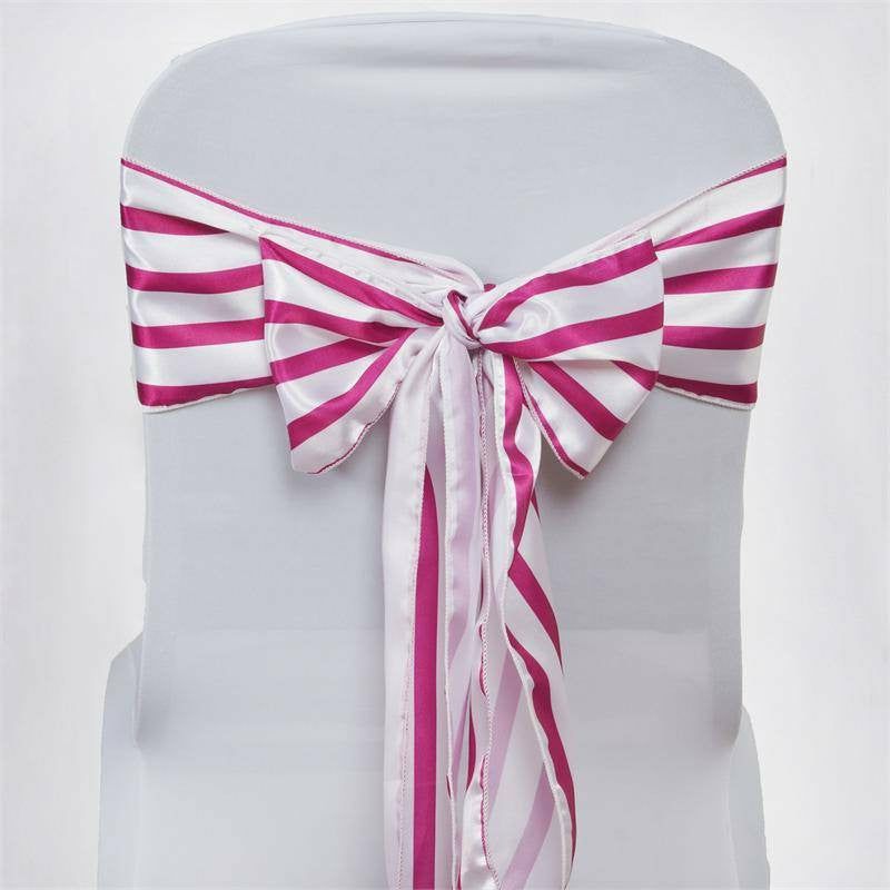 5 Pack White / Fuchsia Satin Stripes Chair Sashes 6″x106″  |   Satin & Taffeta Chair Sashes Satin & Taffeta