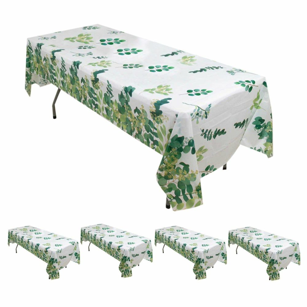 5 Pack White Green Rectangle Plastic Table Covers with Eucalyptus Leaves Print, 54″x108″ PVC Waterproof Disposable Tablecloths  |   Disposable Tablecloth Disposable Tablecloth Disposable Tablecloth