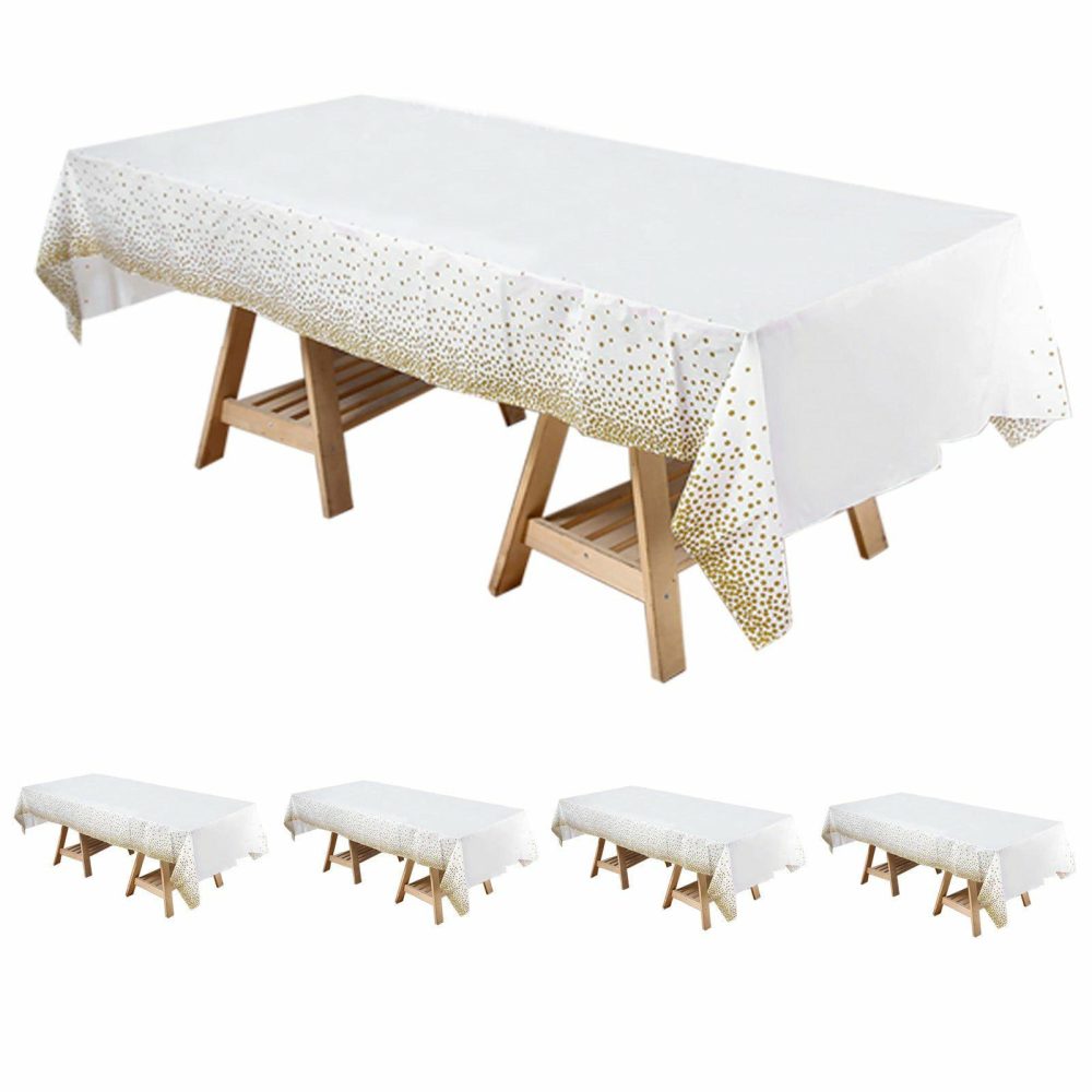 5 Pack White Rectangle Plastic Table Covers with Gold Confetti Dots, 54″x108″ PVC Waterproof Disposable Tablecloths  |   Disposable Tablecloth Disposable Tablecloth Disposable Tablecloth