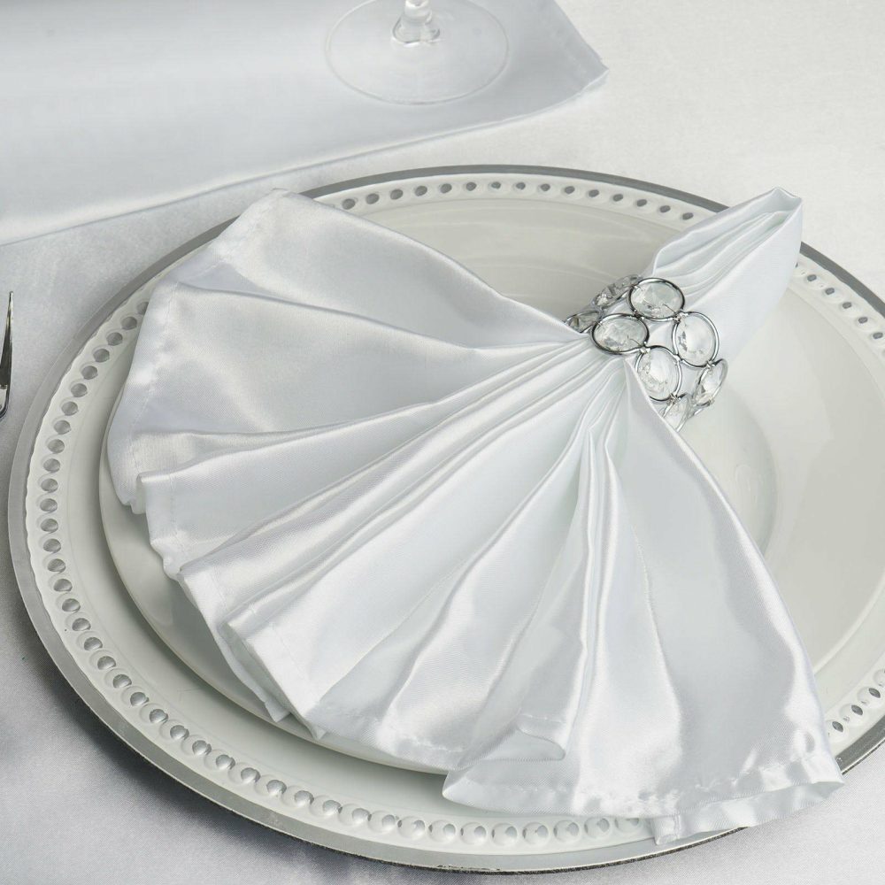 5 Pack White Seamless Satin Cloth Dinner Napkins, Wrinkle Resistant 20″x20″  |   Satin & Taffeta Cloth Napkins Satin & Taffeta