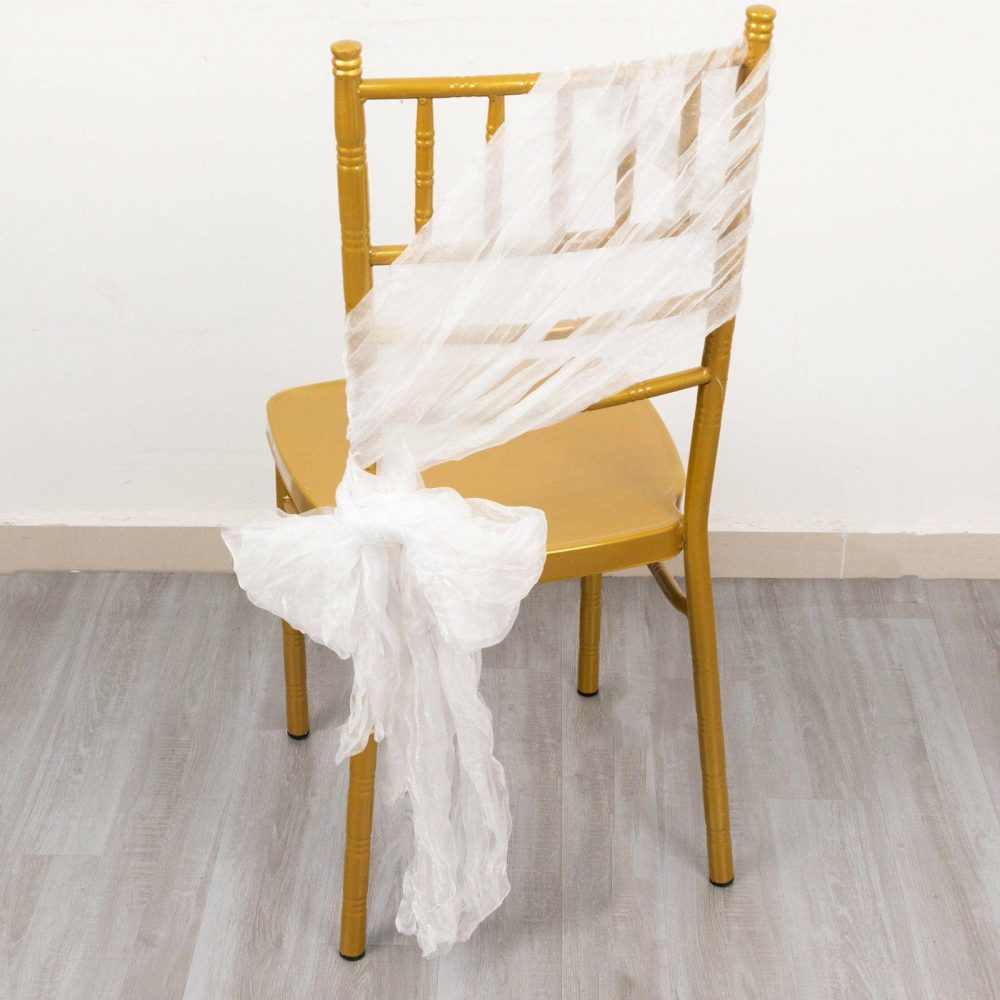 5 Pack White Sheer Crinkled Organza Chair Sashes, Premium Shimmer Chiffon Layered Chair Sashes 6″x108″  |   Organza & Chiffon Chair Sashes Organza & Chiffon