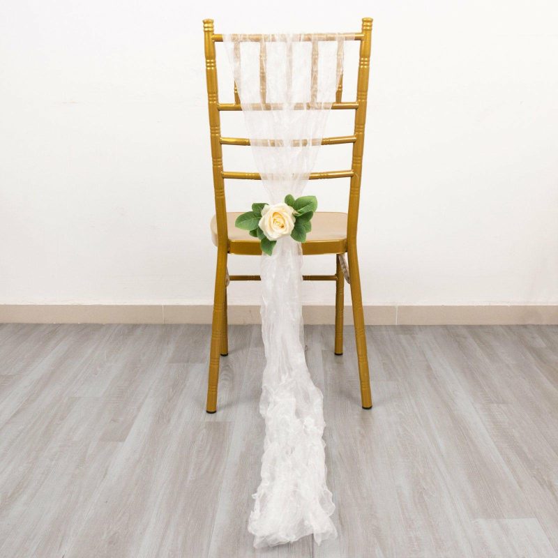 5 Pack White Sheer Crinkled Organza Chair Sashes, Premium Shimmer Chiffon Layered Chair Sashes 6″x108″  |   Organza & Chiffon Chair Sashes Organza & Chiffon