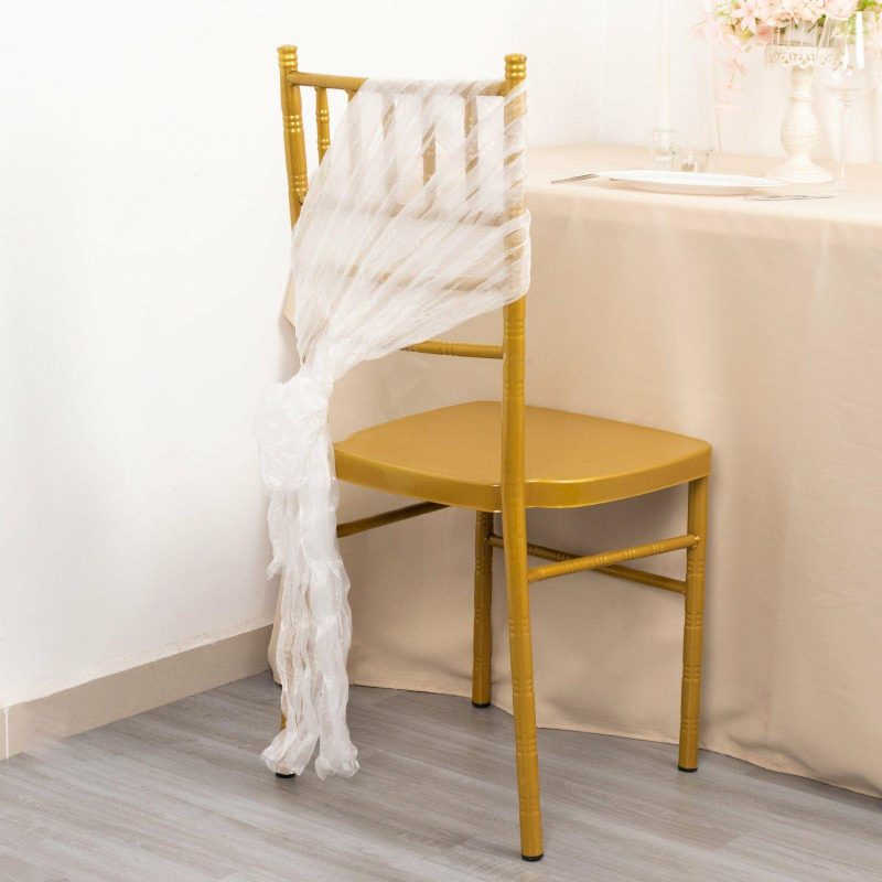 5 Pack White Sheer Crinkled Organza Chair Sashes, Premium Shimmer Chiffon Layered Chair Sashes 6″x108″  |   Organza & Chiffon Chair Sashes Organza & Chiffon