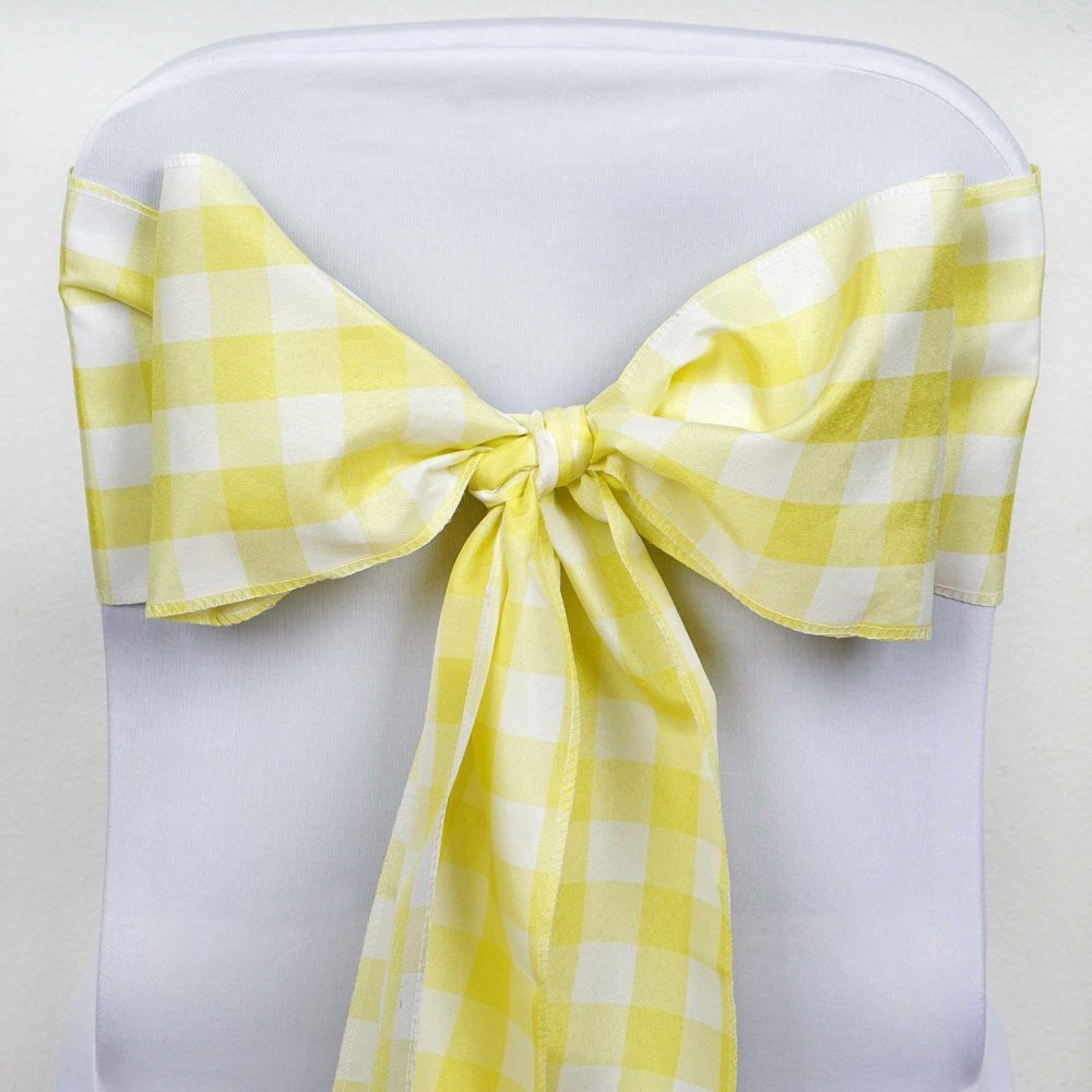 5 Pack Yellow / White Buffalo Plaid Checkered Chair Sashes 6″x108″  |   Polyester Chair Sashes Polyester