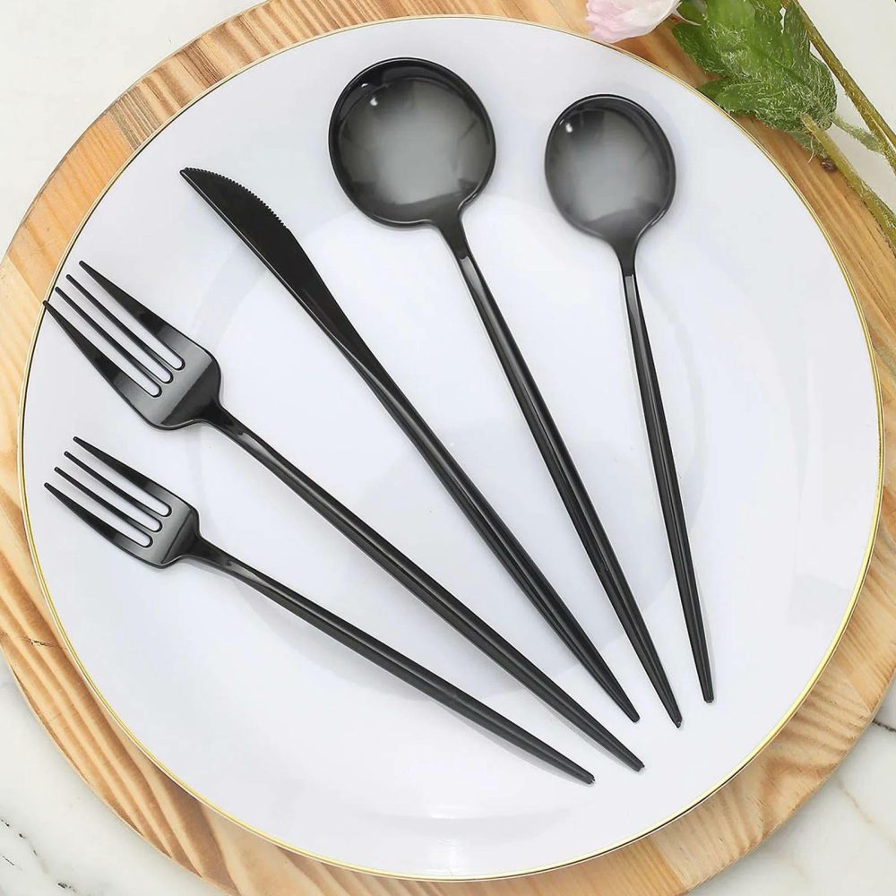 50 Pack Black Heavy Duty Plastic Utensil Set, Premium Disposable Sleek Cutlery Flatware  |   Cutlery Cutlery Black