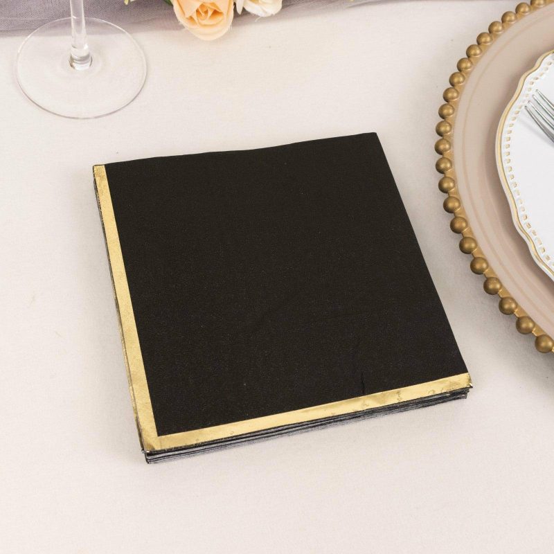 50 Pack Black Soft 2 Ply Paper Beverage Napkins with Gold Foil Edge, Disposable Cocktail Napkins – 6.5″x6.5″  |   Paper Napkins Paper Napkins Black