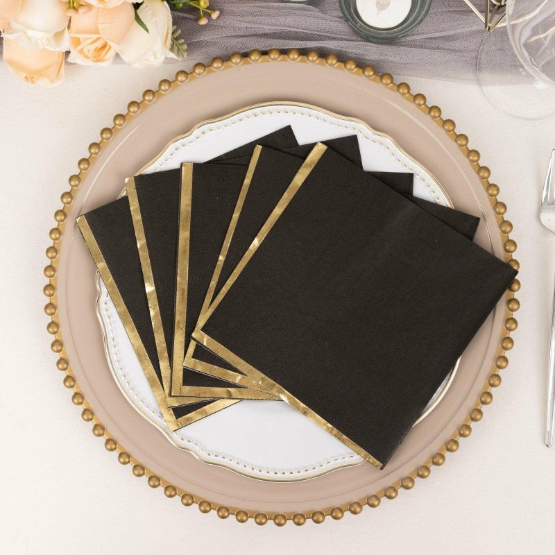 50 Pack Black Soft 2 Ply Paper Beverage Napkins with Gold Foil Edge, Disposable Cocktail Napkins – 6.5″x6.5″  |   Paper Napkins Paper Napkins Black