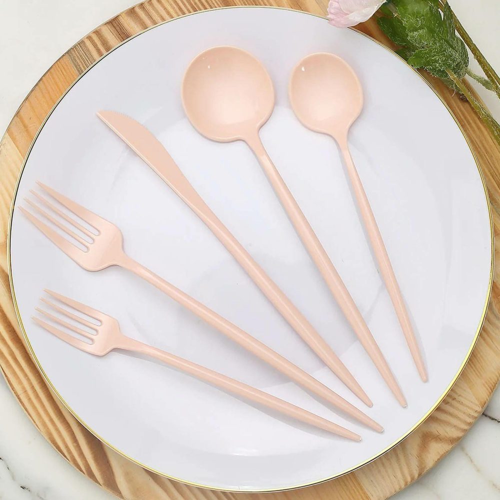 50 Pack Blush Pink Heavy Duty Plastic Utensil Set, Premium Disposable Sleek Cutlery Flatware  |   Cutlery Cutlery Blush Pink