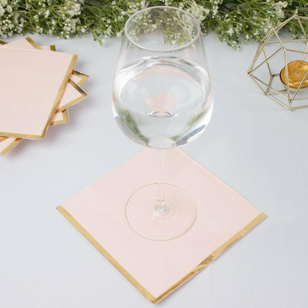 50 Pack Blush Soft 2 Ply Paper Beverage Napkins with Gold Foil Edge, Disposable Cocktail Napkins – 6.5″x6.5″  |   Paper Napkins Paper Napkins Blush