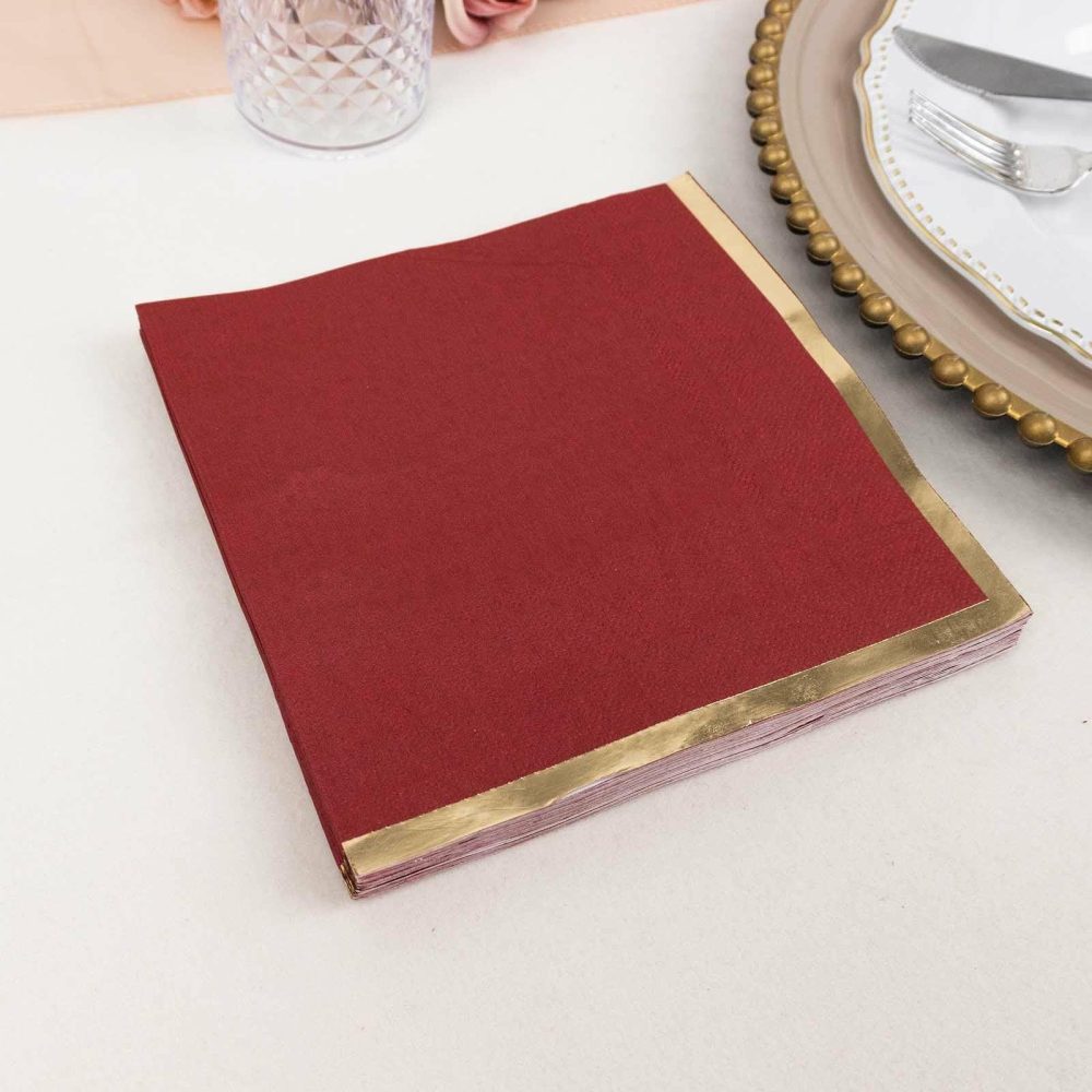 50 Pack Burgundy Soft 2 Ply Paper Beverage Napkins with Gold Foil Edge, Disposable Cocktail Napkins – 6.5″x6.5″  |   Paper Napkins Paper Napkins Burgundy