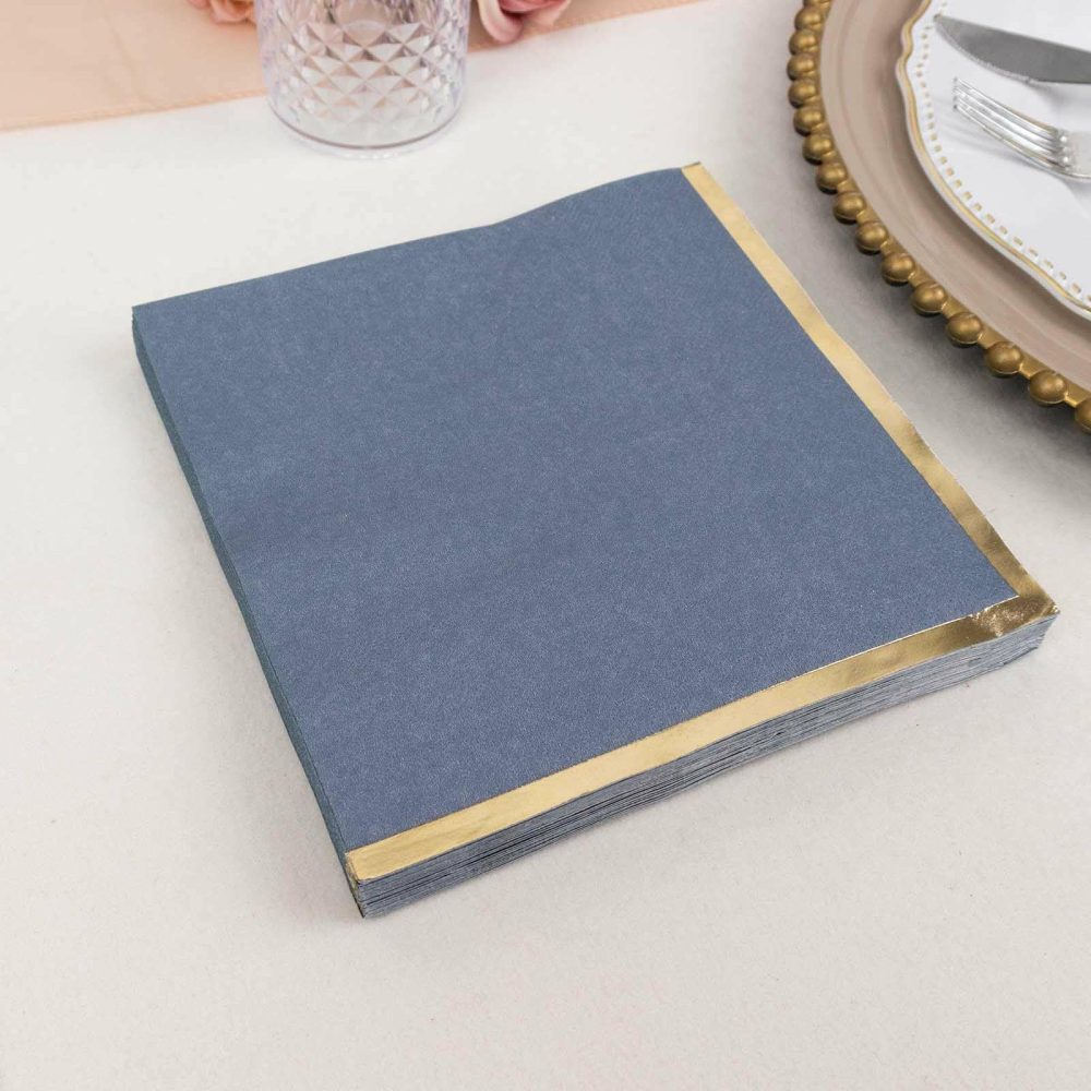 50 Pack Dusty Blue Soft 2 Ply Paper Beverage Napkins with Gold Foil Edge, Disposable Cocktail Napkins – 6.5″x6.5″  |   Paper Napkins Paper Napkins Dusty Blue