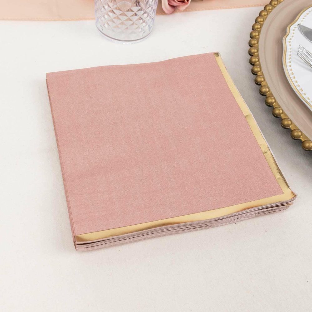 50 Pack Dusty Rose Soft 2 Ply Paper Beverage Napkins with Gold Foil Edge, Disposable Cocktail Napkins – 6.5″x6.5″  |   Paper Napkins Paper Napkins Dusty rose