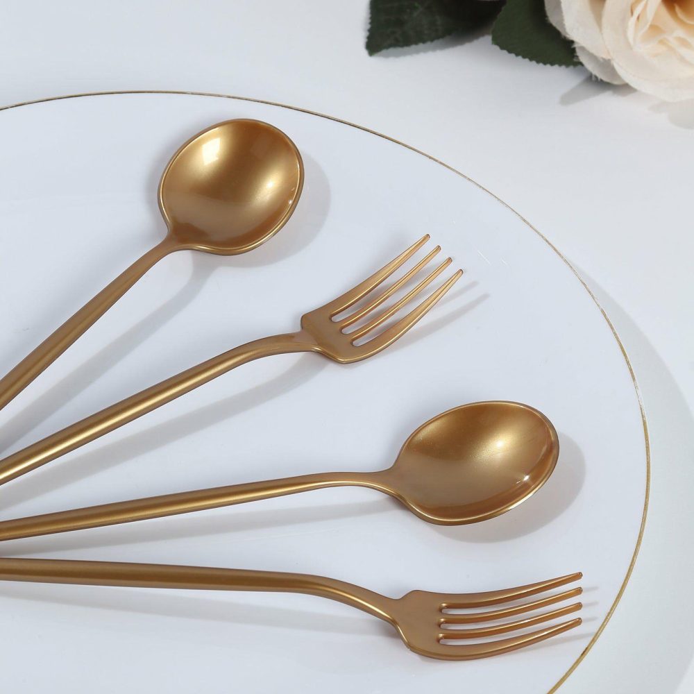 50 Pack Gold Heavy Duty Plastic Dessert Forks and Spoons, Shiny Disposable Silverware Set  |   Cutlery Cutlery Cutlery