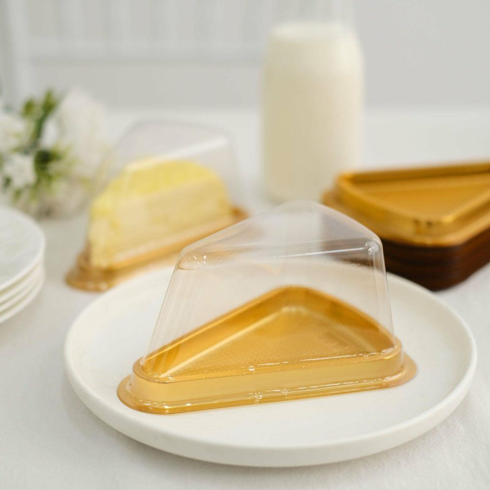 50 Pack Gold/Clear Plastic Cake Slice Favor Containers, Triangle Party Boxes Treat Display Holder 6″x4.5″x2.5″  |   Dessert Dishes & Snack Bowls Dessert Dishes & Snack Bowls Dessert Dishes & Snack Bowls