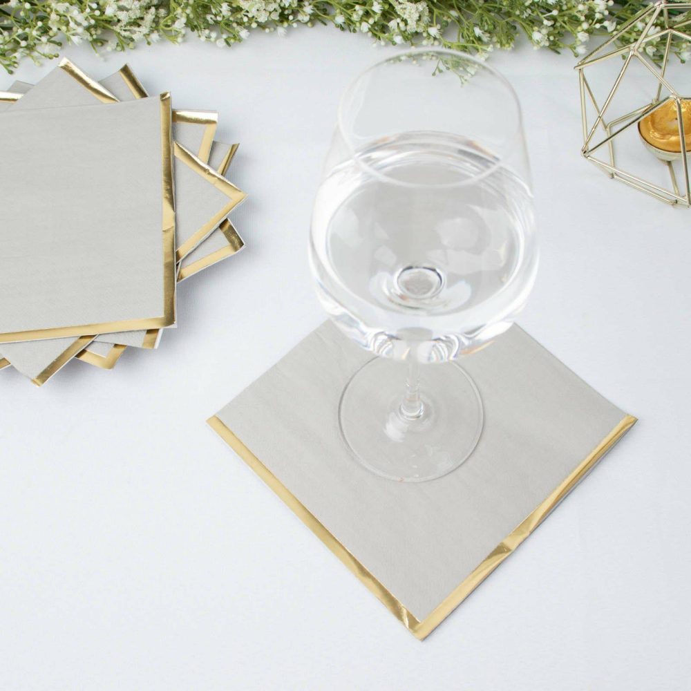 50 Pack Gray Soft 2 Ply Paper Beverage Napkins with Gold Foil Edge, Disposable Cocktail Napkins – 6.5″x6.5″  |   Paper Napkins Paper Napkins Gray