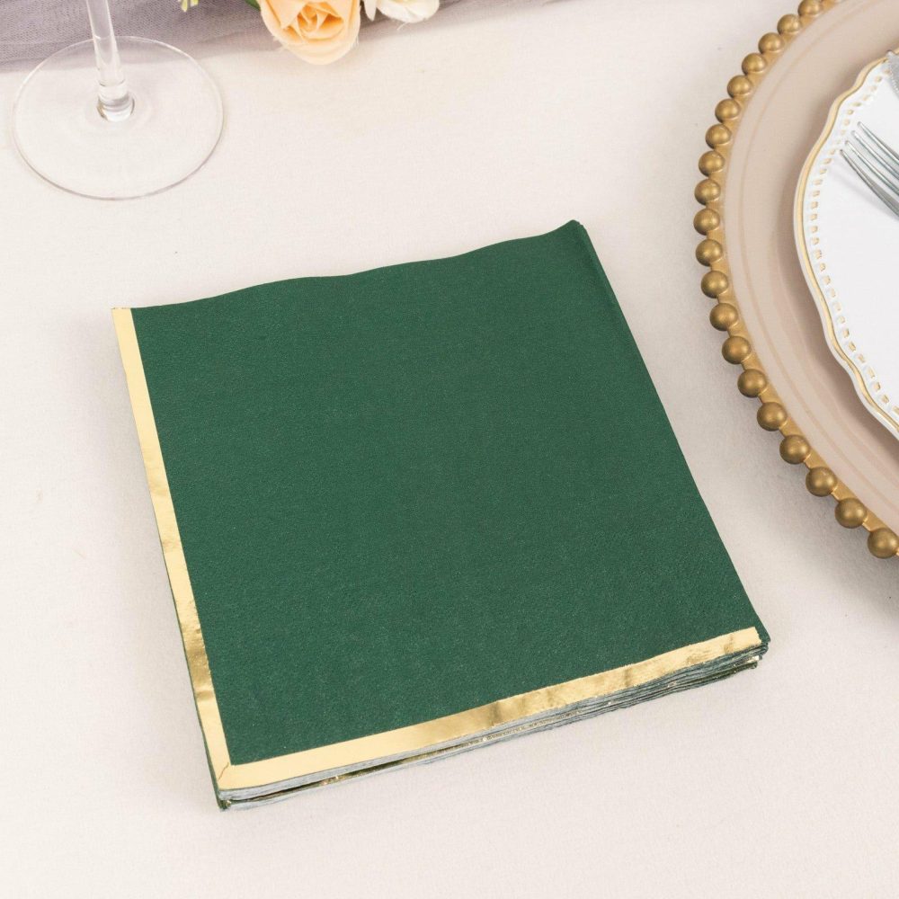 50 Pack Hunter Emerald Green Soft 2 Ply Paper Beverage Napkins with Gold Foil Edge, Disposable Cocktail Napkins – 6.5″x6.5″  |   Paper Napkins Paper Napkins Hunter Emerald Green