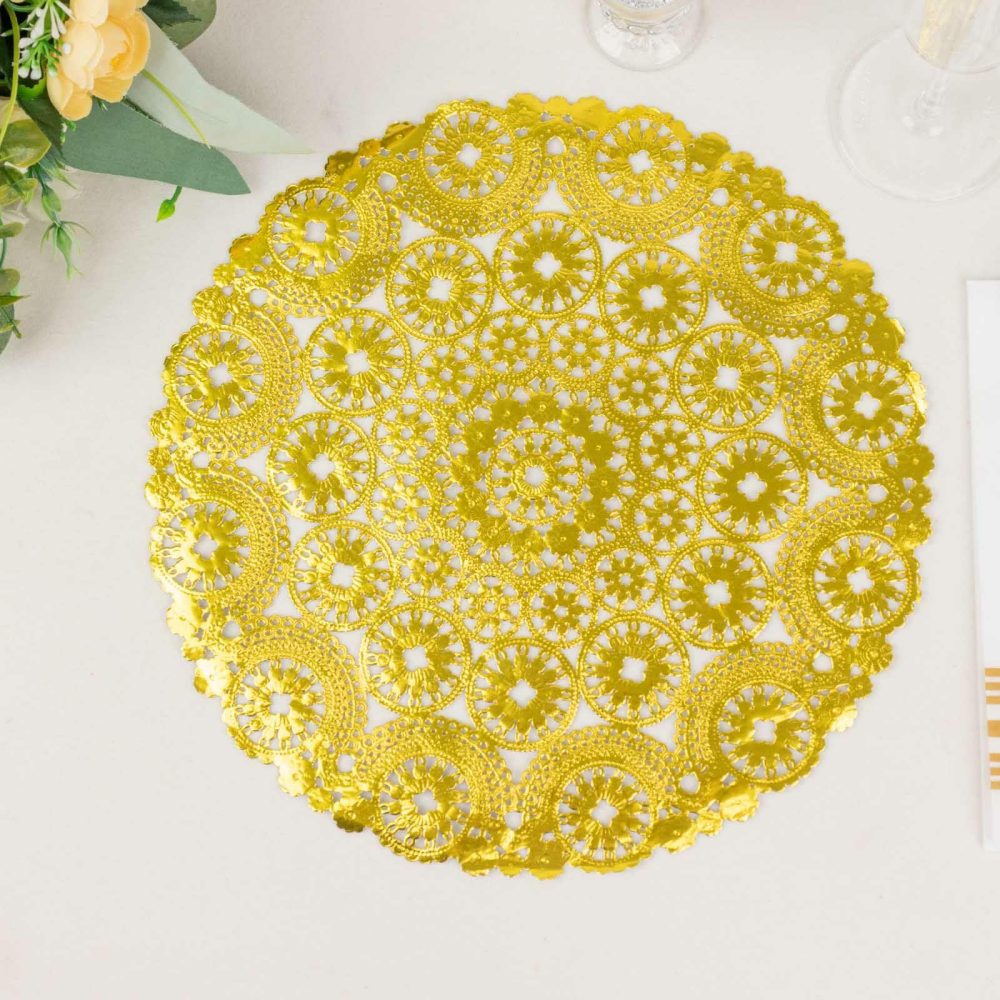 50 Pack Metallic Gold Medallion Style Paper Placemats, 12″ Round Disposable Lace Doilies – 50GSM  |   Servingwares Disposable Plates Gold Medallion Style