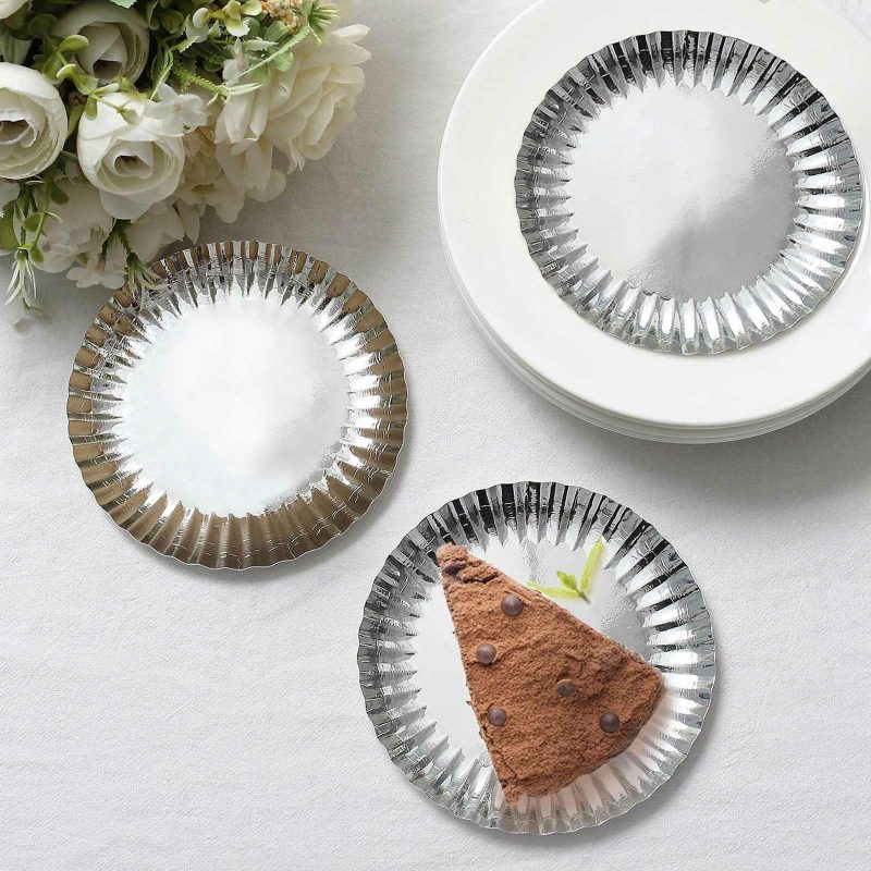 50 Pack Metallic Silver Scalloped Rim Dessert Paper Plates, Disposable Round Appetizer Party Plates 250 GSM 5″  |   Eco-Friendly & Paper Plates Disposable Plates Eco-Friendly & Paper Plates