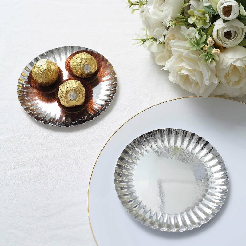 50 Pack Metallic Silver Scalloped Rim Dessert Paper Plates, Disposable Round Appetizer Party Plates 250 GSM 5″  |   Eco-Friendly & Paper Plates Disposable Plates Eco-Friendly & Paper Plates