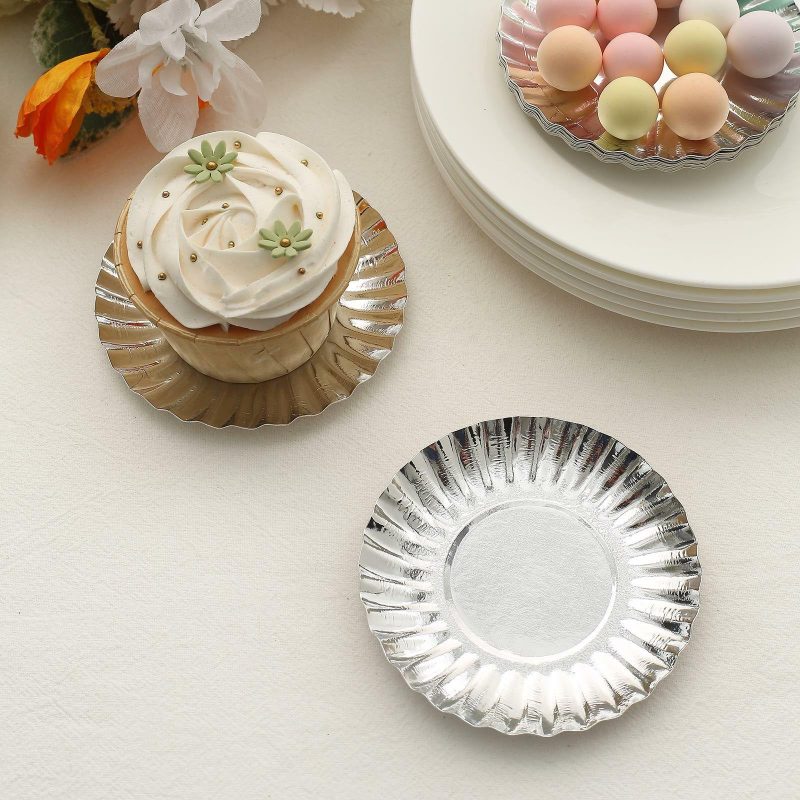 50 Pack Metallic Silver Scalloped Rim Mini Paper Dessert Plates, Disposable Round Tapas Party Plates 250 GSM 3.5″  |   Eco-Friendly & Paper Plates Disposable Plates Eco-Friendly & Paper Plates