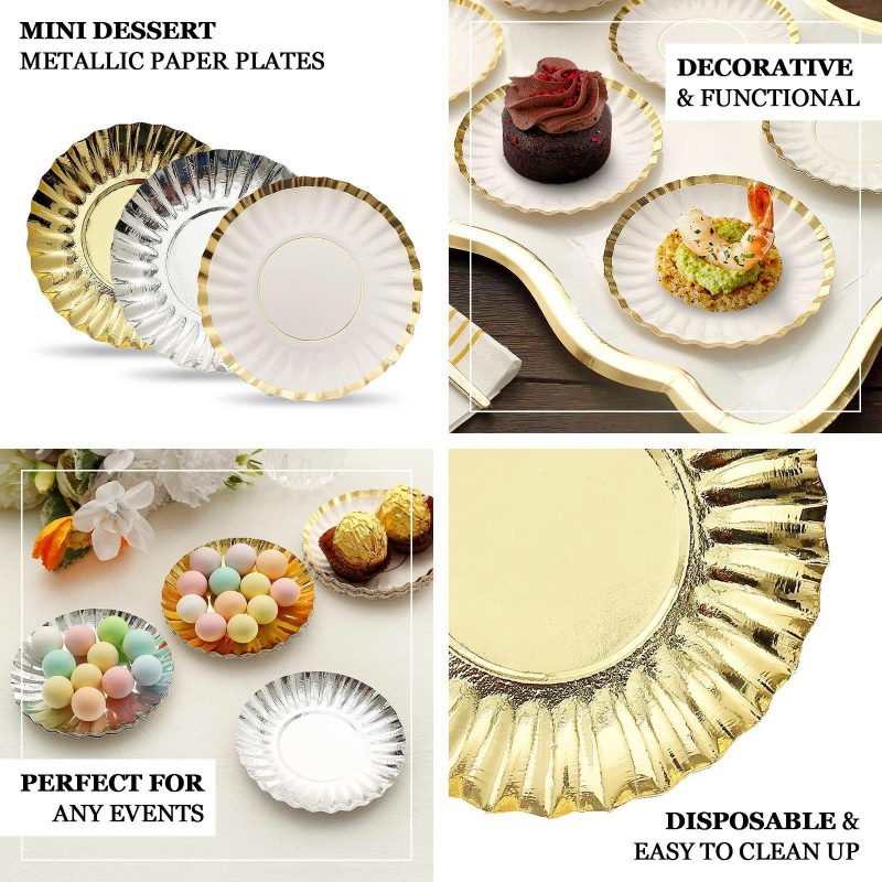 50 Pack Metallic Silver Scalloped Rim Mini Paper Dessert Plates, Disposable Round Tapas Party Plates 250 GSM 3.5″  |   Eco-Friendly & Paper Plates Disposable Plates Eco-Friendly & Paper Plates