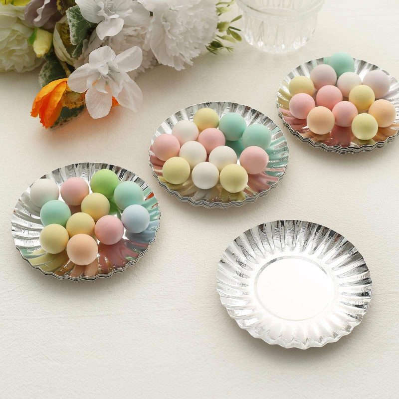 50 Pack Metallic Silver Scalloped Rim Mini Paper Dessert Plates, Disposable Round Tapas Party Plates 250 GSM 3.5″  |   Eco-Friendly & Paper Plates Disposable Plates Eco-Friendly & Paper Plates