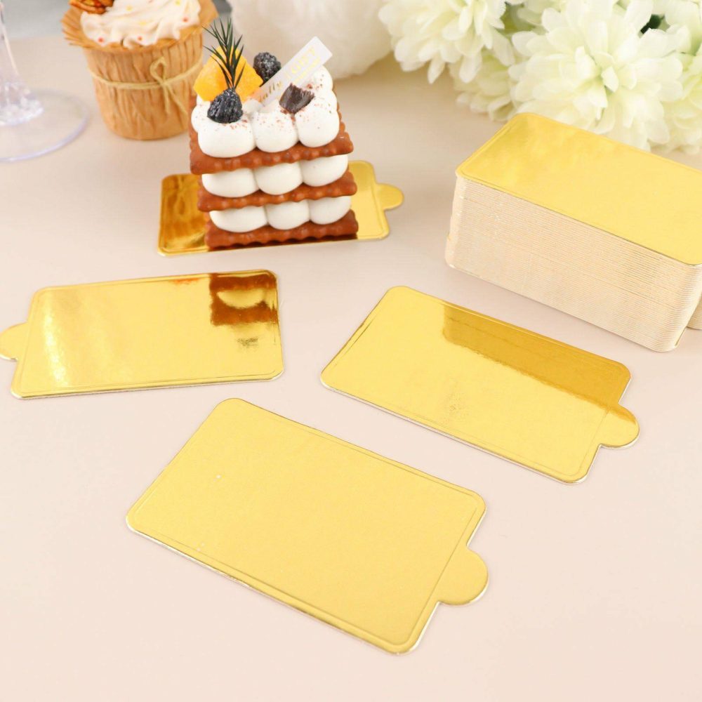 50 Pack Mini Gold Rectangle Dessert Slice Paper Trays, Cake Boards 2.4″x4″  |   Mini Trays & Jars Mini Dishes & Bowls Mini Trays & Jars