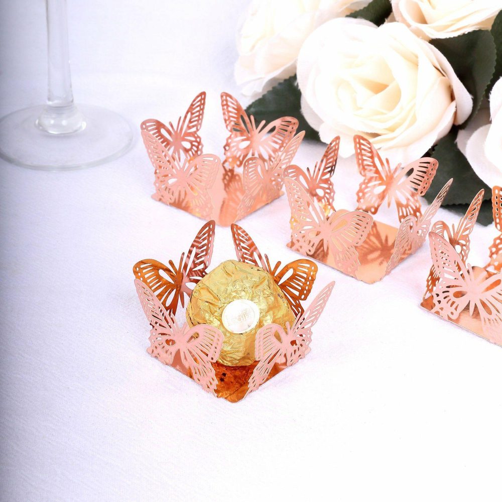 50 Pack Mini Metallic Rose Gold Butterfly Truffle Cup Dessert Liners, Square Cupcake Tray Wrappers 225GSM 4″  |   Mini Trays & Jars Mini Dishes & Bowls Metallic Rose Gold