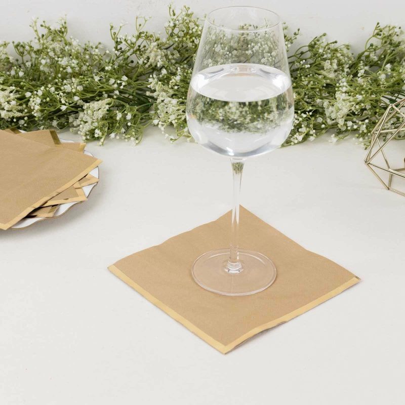 50 Pack Natural Soft 2 Ply Paper Beverage Napkins with Gold Foil Edge, Disposable Cocktail Napkins – 6.5″x6.5″  |   Paper Napkins Paper Napkins Natural