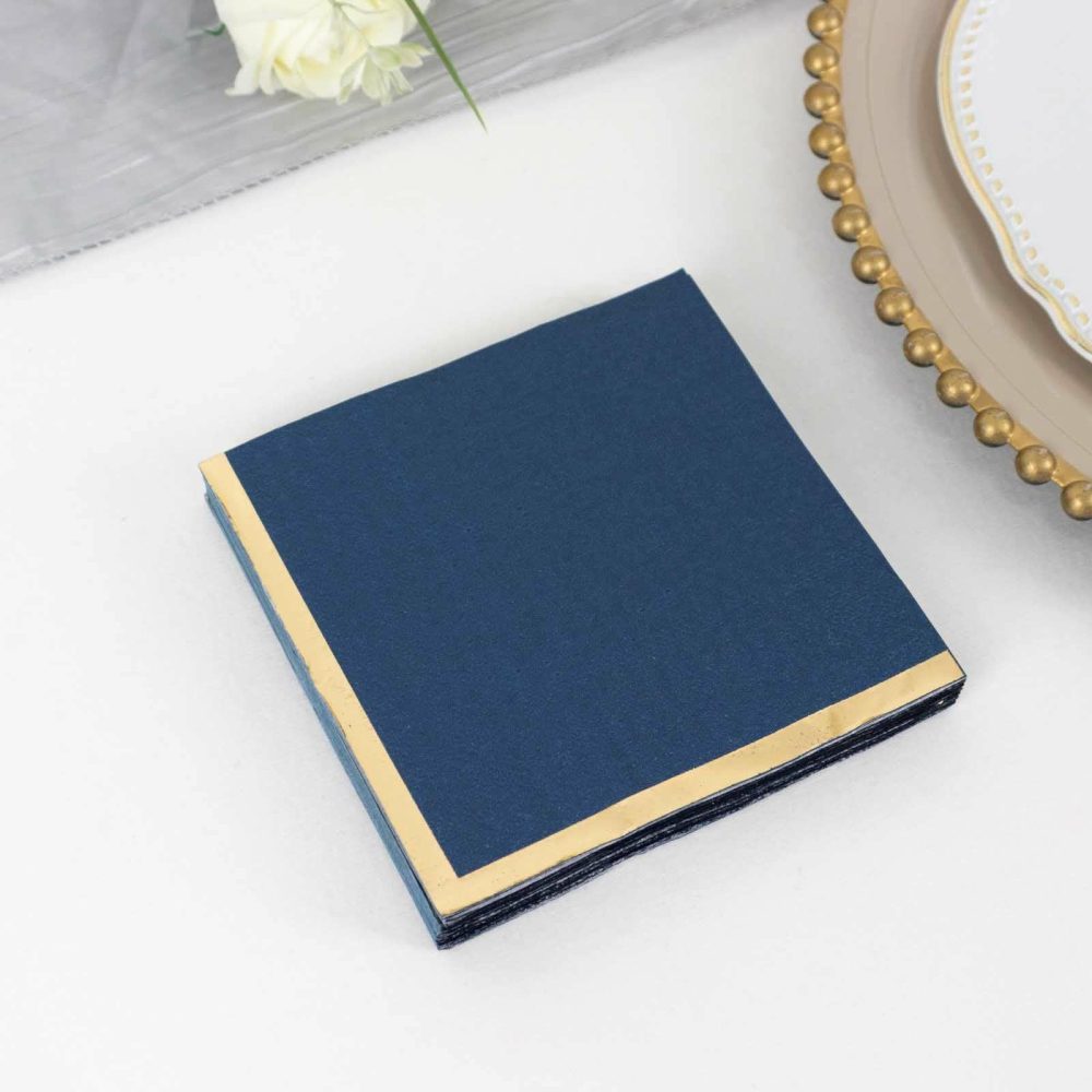 50 Pack Navy Blue Paper Beverage Napkins with Gold Foil Edge, Soft 2 Ply Disposable Cocktail Napkins – 5″x5″  |   Paper Napkins Paper Napkins Navy blue