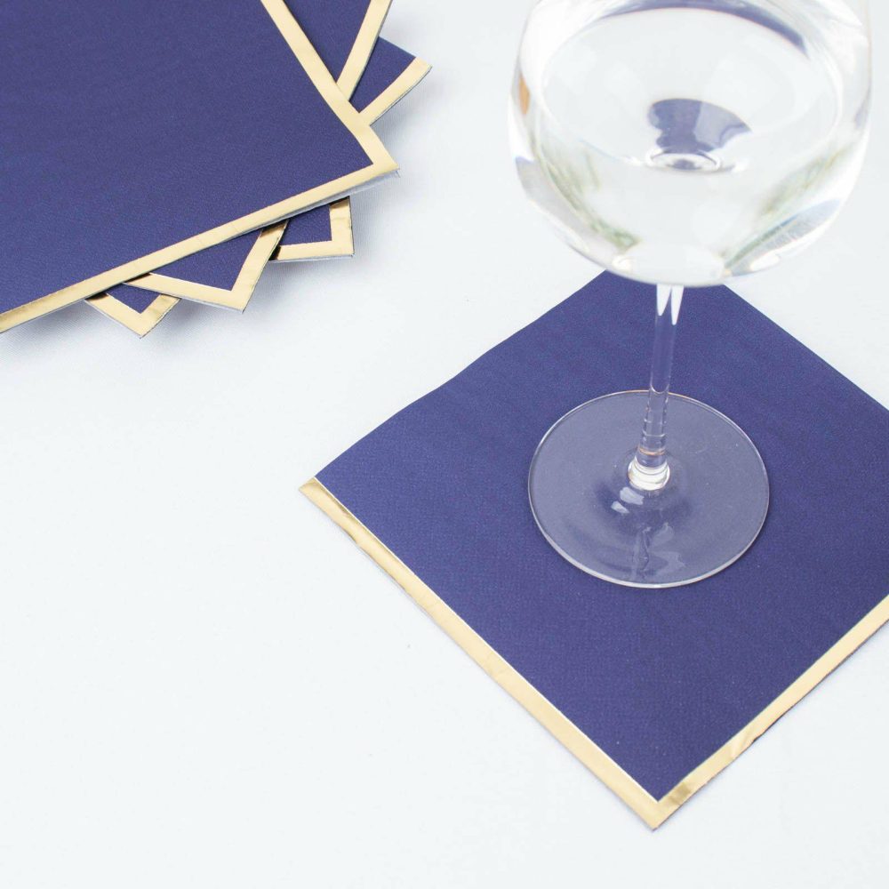 50 Pack Navy Blue Soft 2 Ply Paper Beverage Napkins with Gold Foil Edge, Disposable Cocktail Napkins – 6.5″x6.5″  |   Paper Napkins Paper Napkins Navy blue