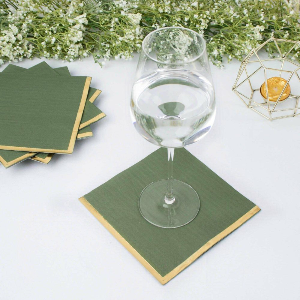 50 Pack Olive Green Soft 2 Ply Paper Beverage Napkins with Gold Foil Edge, Disposable Cocktail Napkins – 6.5″x6.5″  |   Paper Napkins Paper Napkins Olive green