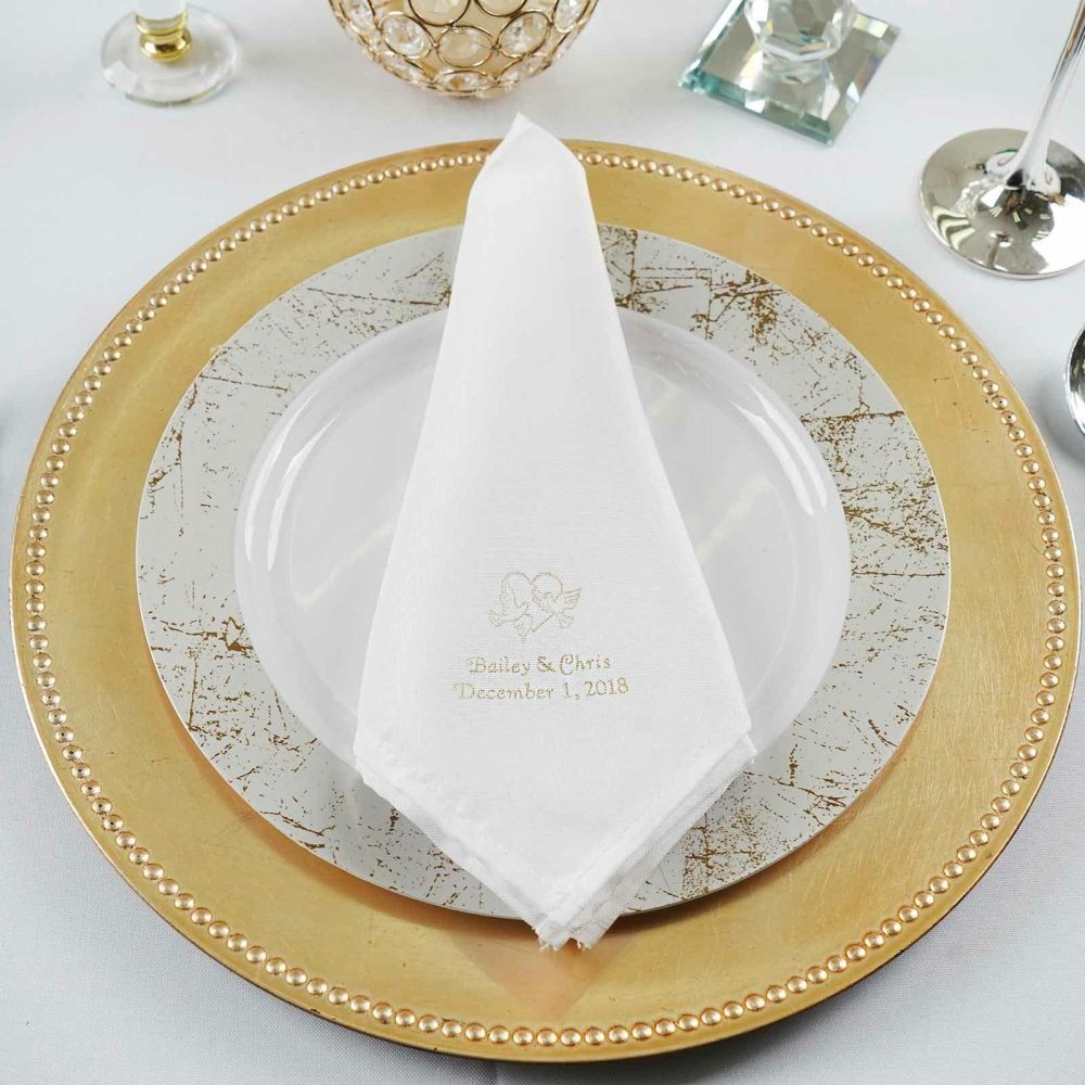 50 Pack Personalized Cloth Dinner Napkin Wedding Favors, Polyester With Large Emblem  |   Polyester Cloth Napkins Large Emblem