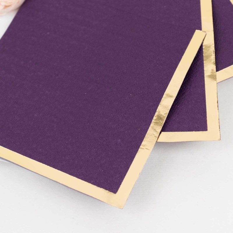 50 Pack Purple Paper Beverage Napkins with Gold Foil Edge, Soft 2 Ply Disposable Cocktail Napkins – 5″x5″  |   Paper Napkins Paper Napkins Paper Napkins