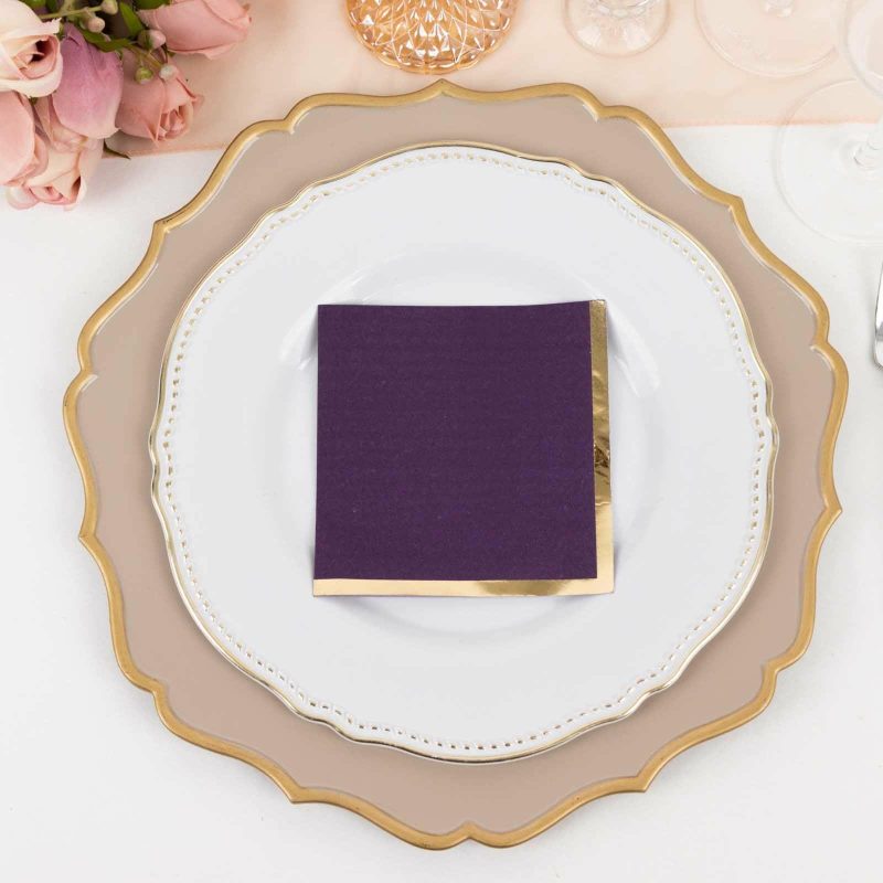 50 Pack Purple Paper Beverage Napkins with Gold Foil Edge, Soft 2 Ply Disposable Cocktail Napkins – 5″x5″  |   Paper Napkins Paper Napkins Paper Napkins