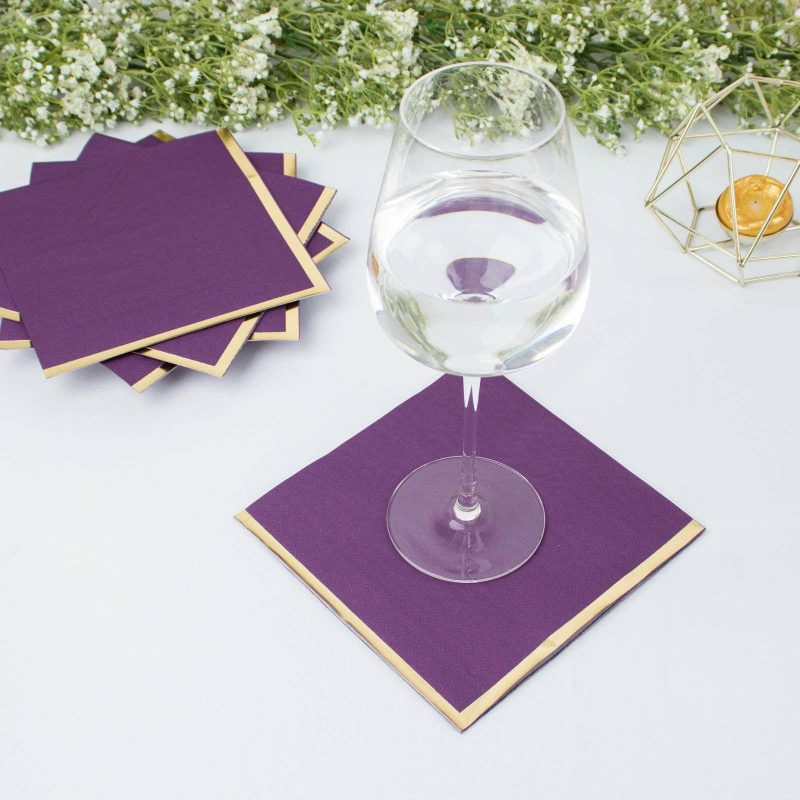 50 Pack Purple Soft 2 Ply Paper Beverage Napkins with Gold Foil Edge, Disposable Cocktail Napkins – 6.5″x6.5″  |   Paper Napkins Paper Napkins Paper Napkins